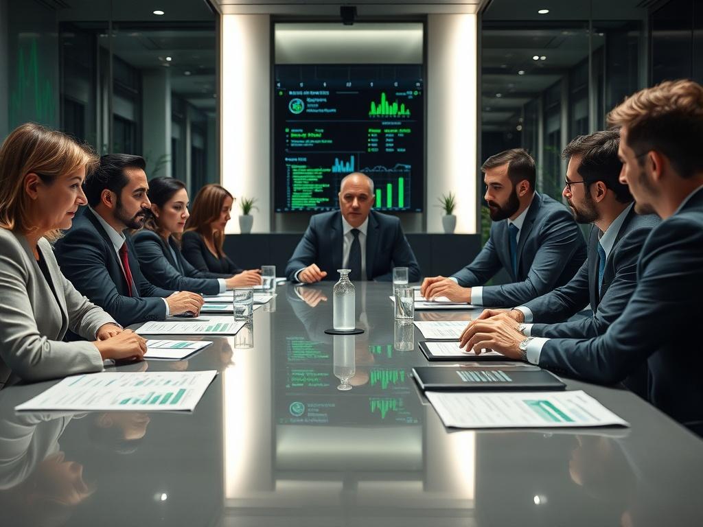 A close-up shot of a sophisticated conference room with a large table, where executives are engaged in a strategic discussion. Various digital devices are present, displaying analytics and compliance reports. The background features a modern design with green elements, reflecting a professional and high-tech atmosphere.