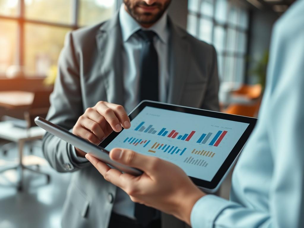A hyper-realistic close-up shot of a business professional analyzing financial reports on a digital tablet in a modern office setting. The background features blurred office furniture and bright natural light coming through large windows, creating a productive atmosphere. The focus is on the tablet's screen displaying graphs and charts, emphasizing the theme of profit-sharing and financial success.