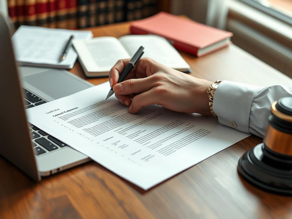 A close-up shot of a legal professional reviewing contract documents on a desk, surrounded by legal books and a laptop. The image should convey a sense of thoroughness and attention to detail, with a background that complements the focus on the documents. The colors should align with rgb(50, 170, 39) for visual consistency.