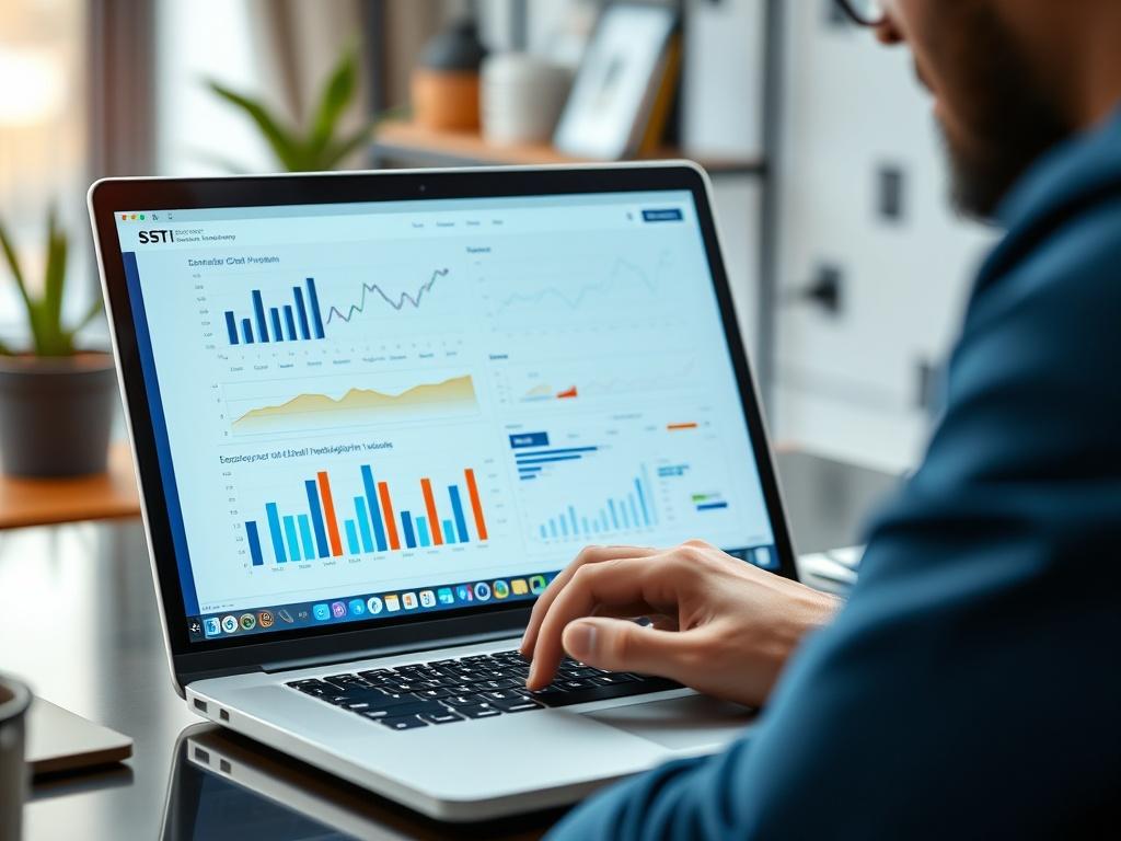 A close-up shot of a financial analyst working on a laptop with graphs and charts on the screen, set in a modern office environment. The focus is on the screen displaying deal modeling visuals, with a blurred background of office elements like a plant and a shelf. The colors of the image should be vibrant and in harmony with rgb(50, 170, 39).