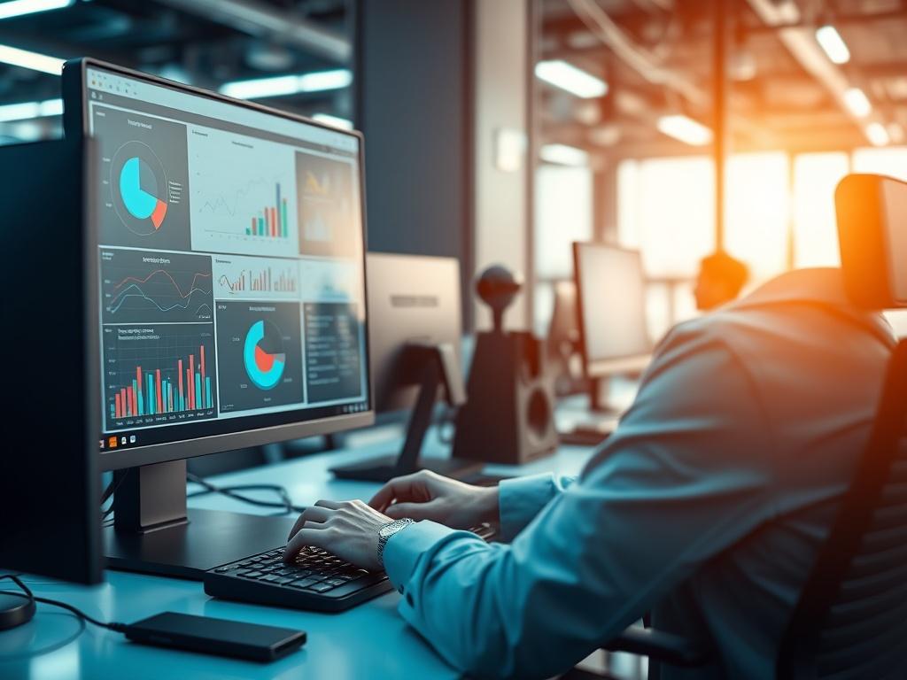A close-up shot of a consultant working with AI software on a computer, showcasing data analytics and process optimization charts. The setting should be a futuristic office with high-tech equipment, emphasizing the integration of AI in business processes. The image should reflect the rgb(50, 170, 39) color scheme.