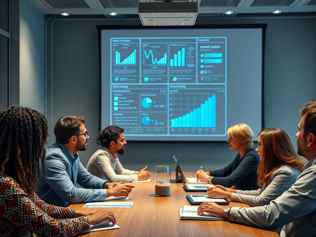 A close-up shot of a diverse team engaged in a negotiation meeting, with a digital projector displaying AI analysis charts. The setting should be a contemporary conference room, highlighting collaboration and focus on the presentation.