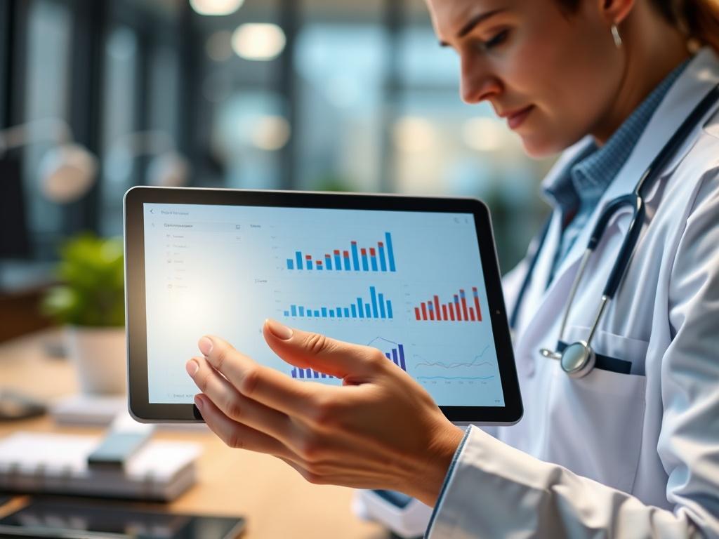 A close-up shot of a healthcare professional reviewing commercial system data on a digital tablet. The background should be a blurred office environment, emphasizing focus on the tablet screen displaying charts and graphs. Use soft lighting to create a professional atmosphere.