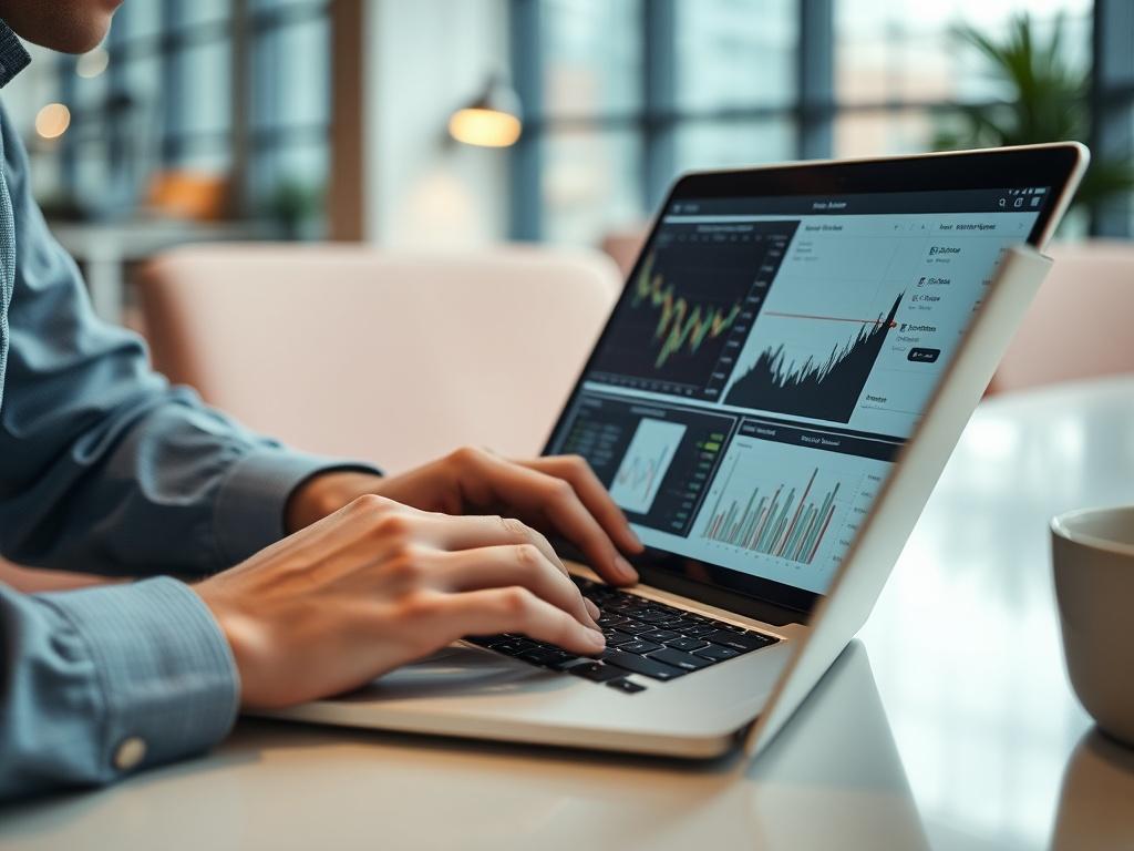A close-up shot of a financial analyst working on a financial model on a laptop. The screen should display complex financial graphs and tables. The background should feature a modern office setting with soft lighting, ensuring focus on the laptop.