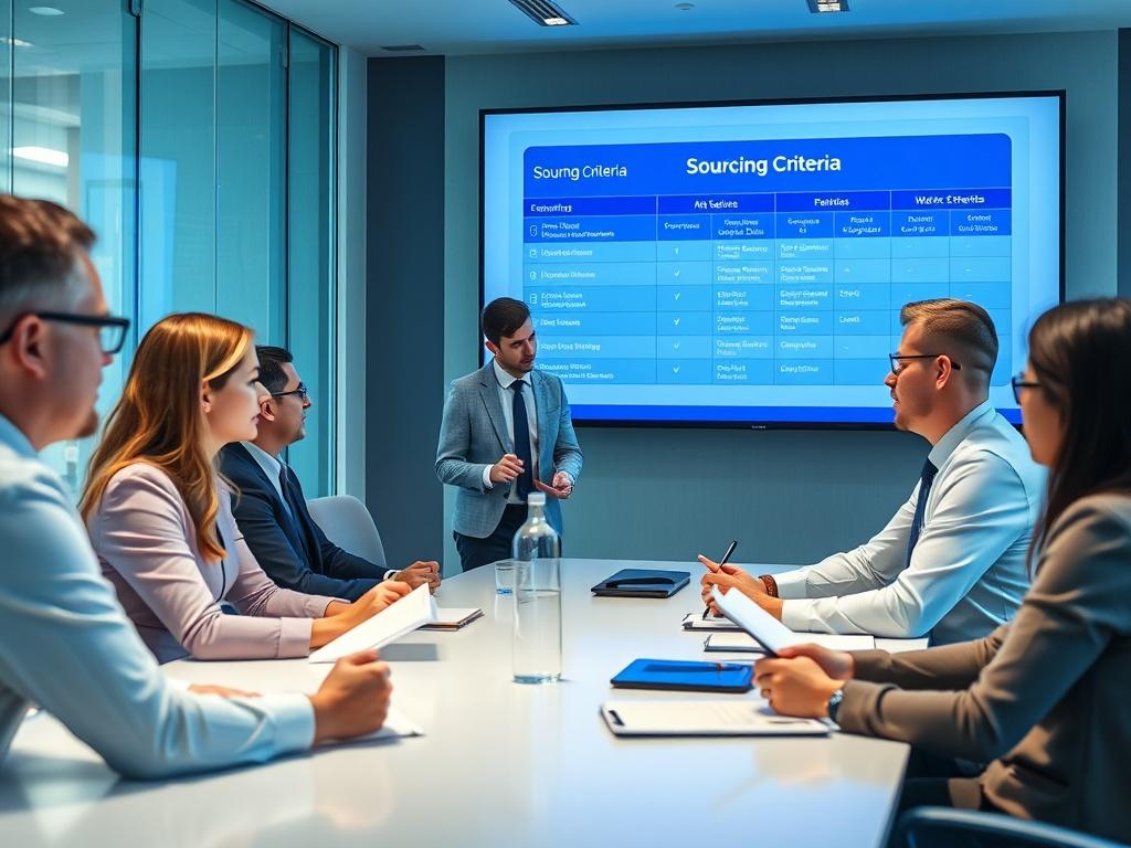 A hyper-realistic image showing a team of professionals engaged in a sourcing event meeting. The setting is a brightly lit conference room with a large screen displaying sourcing criteria. One person is presenting while others are taking notes and discussing. The focus is on the collaborative atmosphere and the use of technology in the sourcing process, highlighting professionalism and engagement.