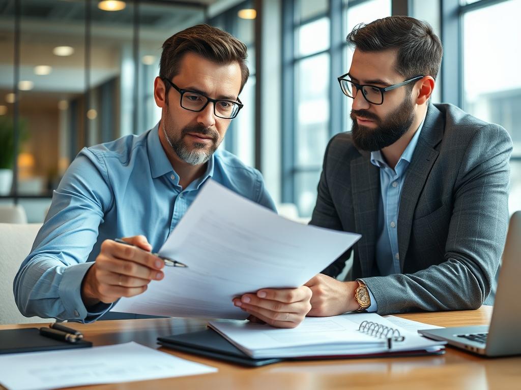 A close-up shot of a consultant negotiating a contract with a supplier in a modern office. The consultant is reviewing documents while the supplier listens attentively. The scene captures the seriousness of the negotiation process with a focus on documents, pens, and expressions of both parties, emphasizing professionalism and clarity in communication.