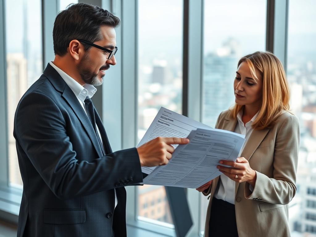 A close-up shot of a professional consultant discussing business requirements with a healthcare organization. The setting is a modern office with a large window showing a cityscape in the background. The consultant is pointing at a document with clear business requirements while the client appears engaged and taking notes. The image is rendered in hyper-realistic quality, focusing on the expressions and interactions between the consultant and client, emphasizing professionalism and collaboration.