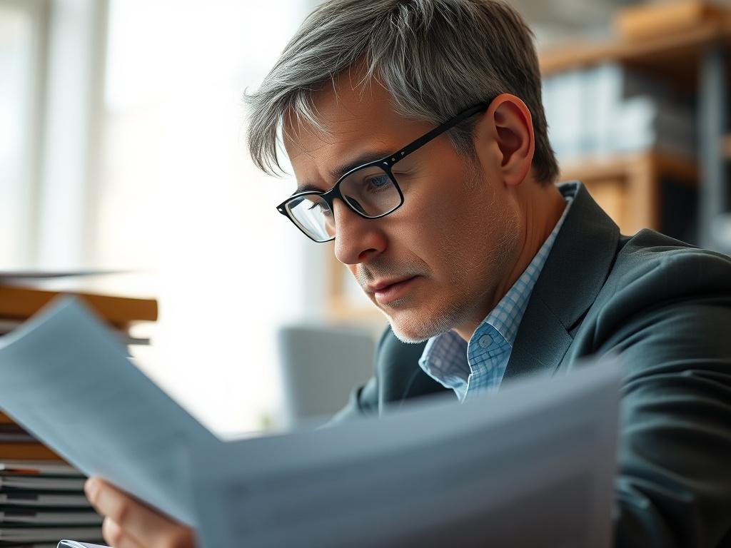 A hyper-realistic close-up shot of a compliance officer reviewing documents with a focused expression, surrounded by regulatory books and reports. The background should be softly blurred, highlighting the importance of compliance in the healthcare sector.