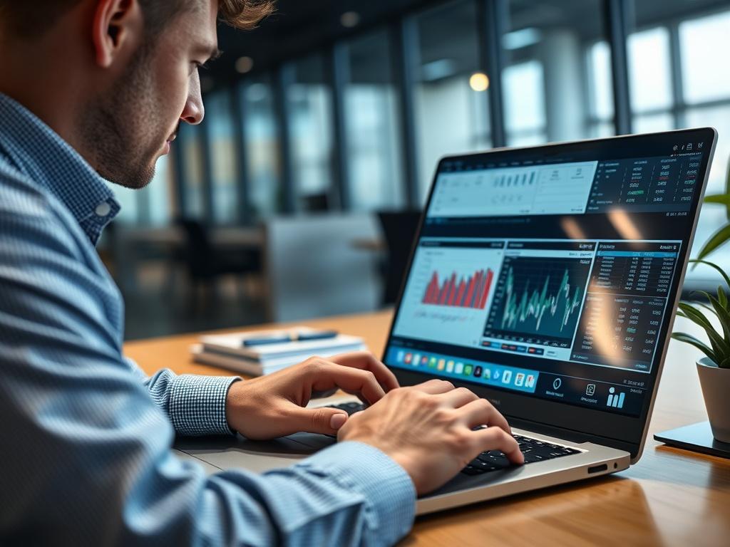 A hyper-realistic close-up shot of a financial analyst working on a laptop, with complex financial models displayed on the screen. The background should show a modern office environment, emphasizing a blend of technology and finance expertise.