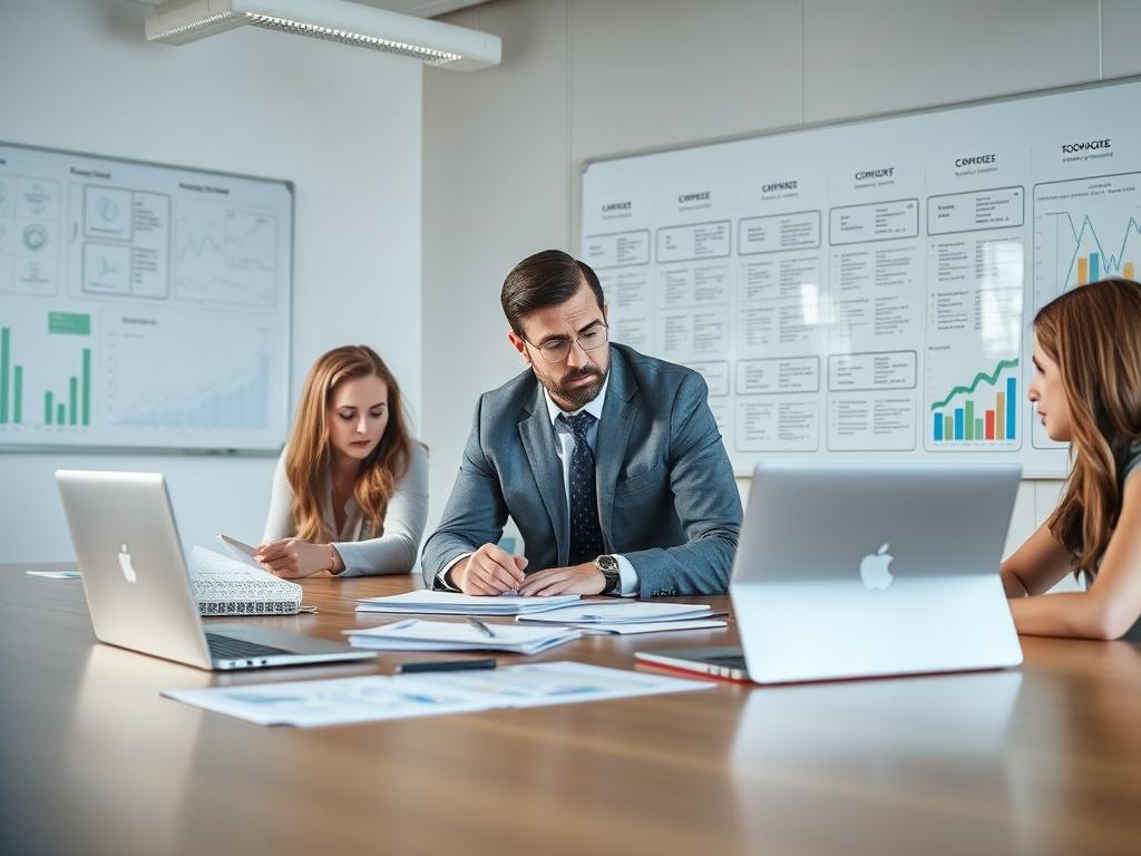 A professional consultant working with a small team in a modern office environment, focused on developing contract templates and financial modeling tools. The scene features a large conference table with laptops, documents, and charts. Bright, clear lighting illuminates the space, emphasizing collaboration and innovation. The background includes a whiteboard filled with strategic plans and KPIs, showcasing a dynamic working atmosphere.
