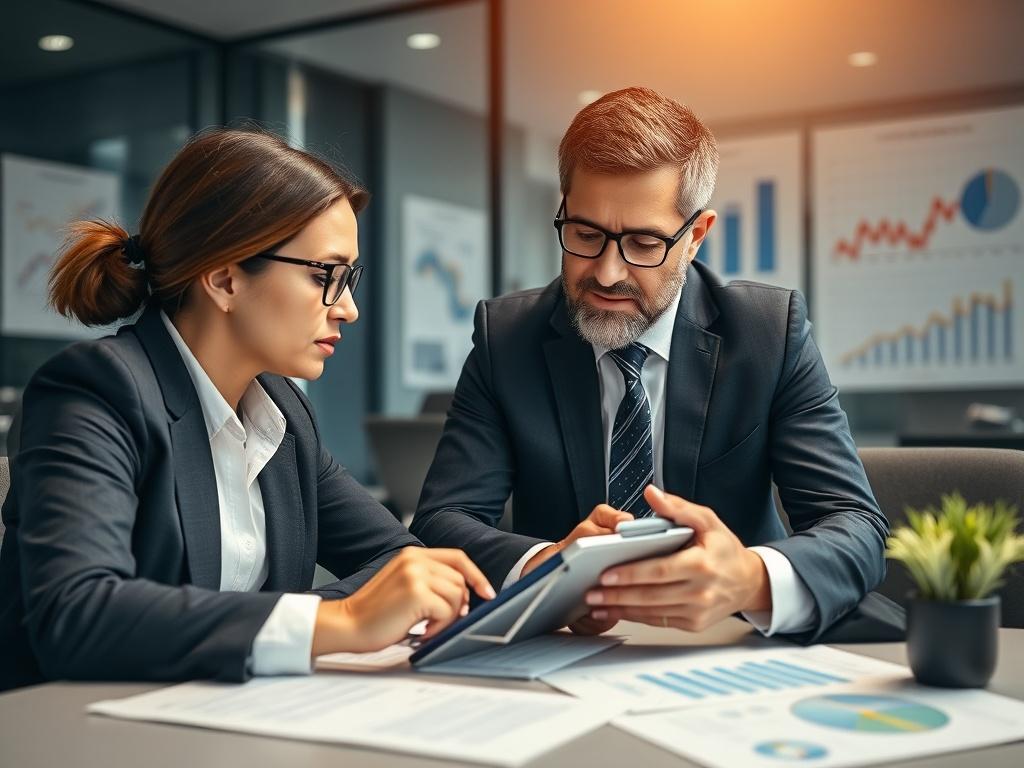A professional consultant discussing compliance guidelines over a digital tablet with a client. The scene is set in a modern office with charts and compliance documents in the background, showcasing a collaborative atmosphere focused on ensuring regulatory adherence during negotiations.