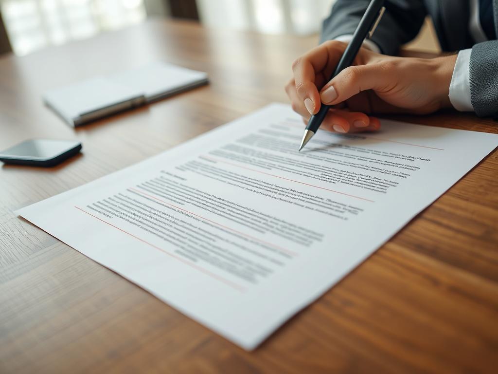 A close-up of a contract document with highlighted terms and notes, placed on a wooden conference table. A pair of hands are seen making annotations with a pen. The background is blurred to emphasize the document, conveying a sense of diligence and attention to detail in contract negotiations.