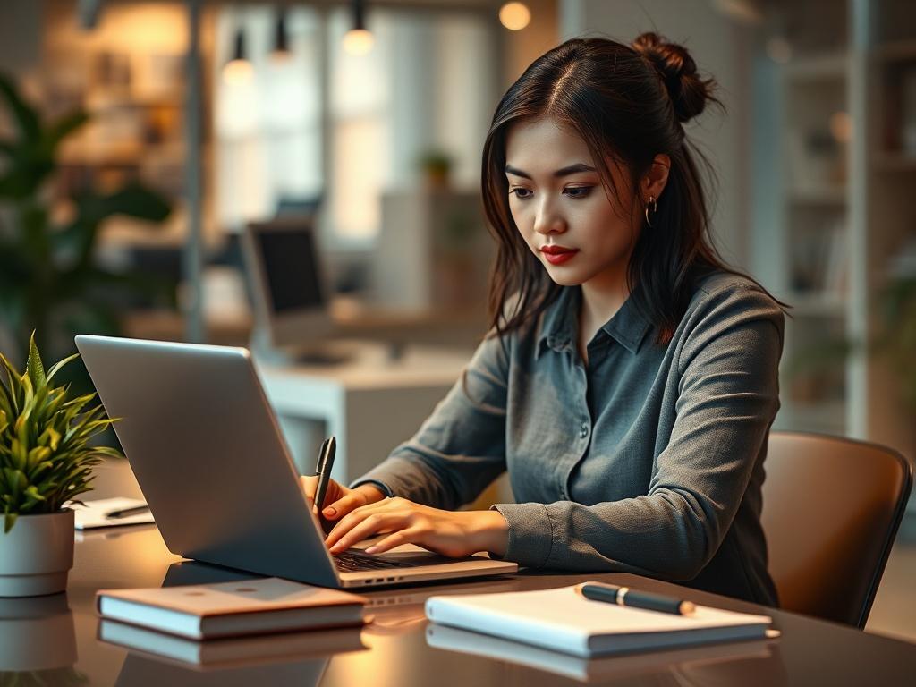 **Prompt for AI Image Generator:**

Create a realistic high-resolution photo that captures the essence of a blog post titled "Test 2." The composition should be simple and clear, focusing on a single subject. The subject should be a young professional woman, sitting at a sleek, modern desk, deeply engaged in writing on a laptop. She has a thoughtful expression, showcasing her concentration and creativity.

In the background, include a softly blurred office environment with warm, ambient lighting to create a