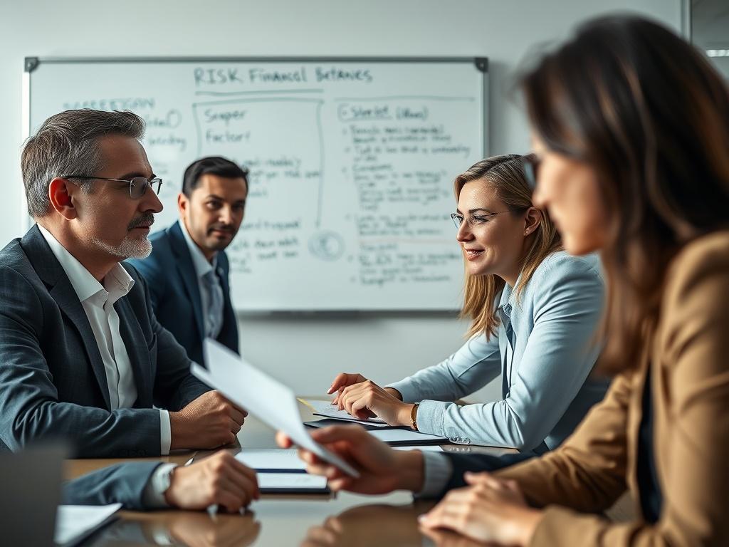 An engaging close-up shot of a risk assessment meeting in progress, with professionals discussing financial risks. A whiteboard in the background displays risk factors and mitigation strategies. The setting is a modern conference room, emphasizing collaboration and strategic thinking. The image should capture a sense of urgency and determination in the team’s expressions, with a color palette that includes green hues to signify growth and insight, aligning with the primary color rgb(50, 170, 39).
