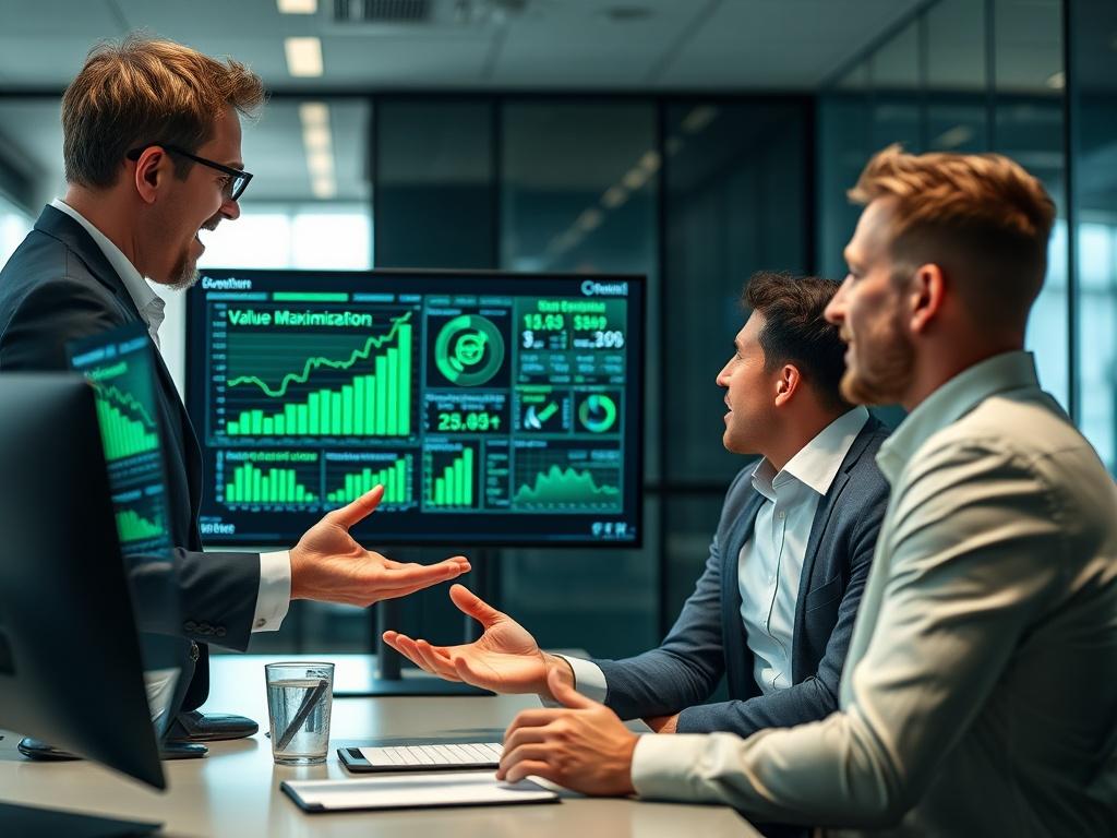 A close-up shot of a business consultant presenting value maximization strategies to a client, showcasing graphs and data on a digital screen. The consultant is animated and engaged, while the client appears attentive and interested. The background is a sleek office environment, highlighting collaboration and innovation. The color scheme should feature shades of green, emphasizing growth and potential, in line with the primary color rgb(50, 170, 39).