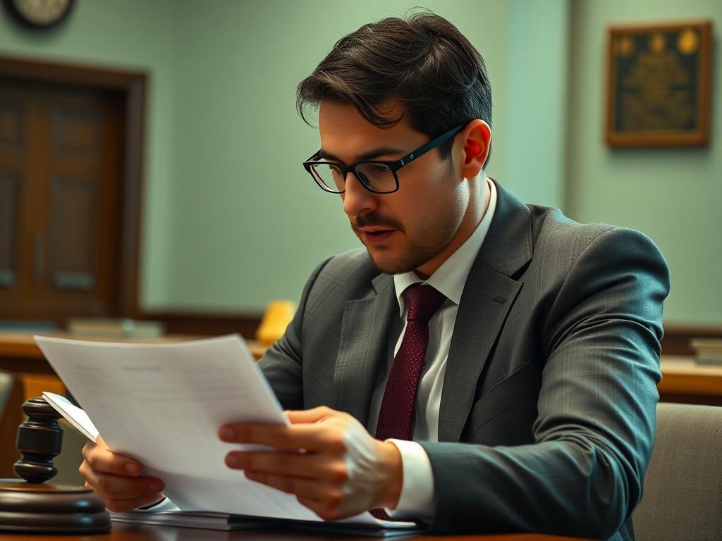 A close-up shot of an expert witness preparing for court, reviewing notes and documents in a courtroom setting. The witness is dressed professionally, exuding confidence, with legal books and a gavel visible in the background. The atmosphere is serious and focused, reflecting the high stakes of legal testimony. The primary color scheme is green, harmonizing with the RGB(50, 170, 39) color.