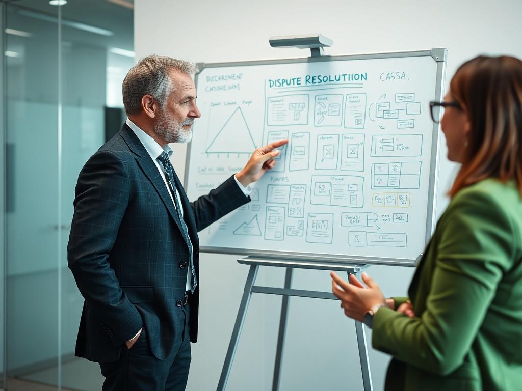 A close-up shot of a consultant discussing dispute resolution strategies with a client in a modern office. The consultant gestures towards a whiteboard filled with strategic plans and diagrams, while the client listens attentively. The environment is bright and professional, emphasizing collaboration. The primary color scheme is green, aligning with the RGB(50, 170, 39) color.