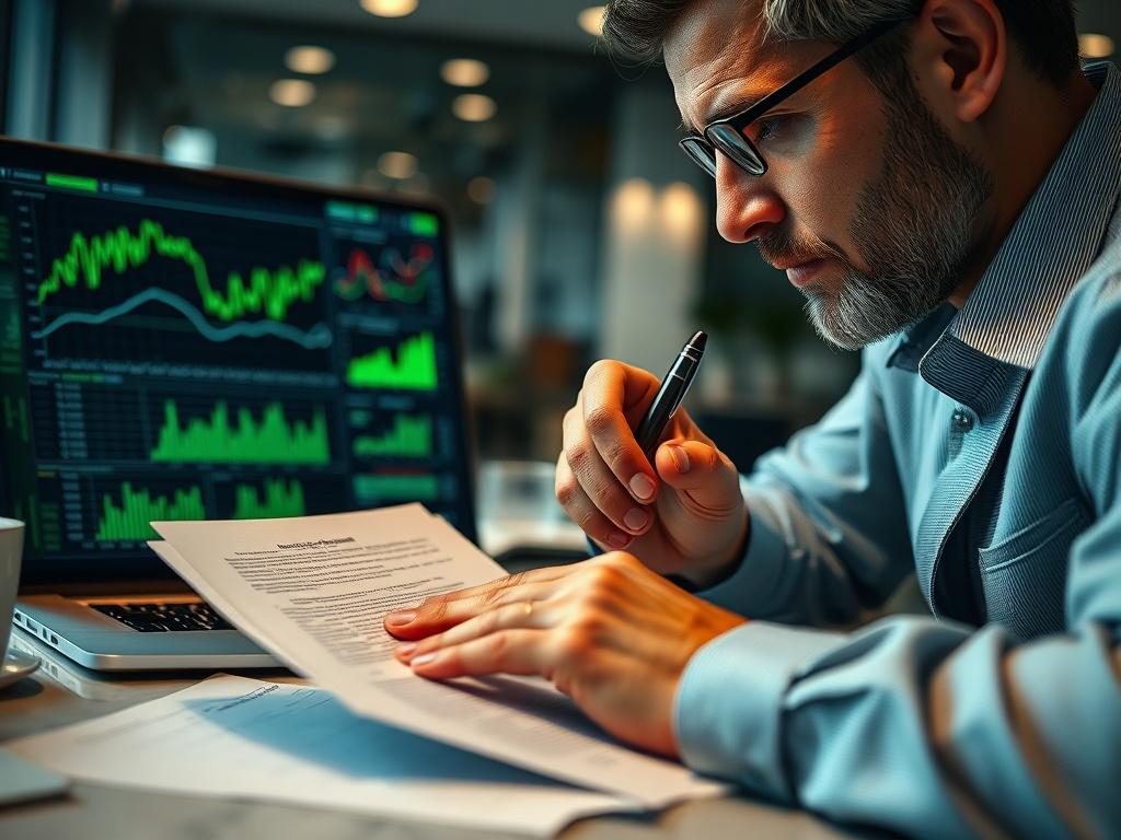 A close-up shot of a professional consultant analyzing a contract document with a pen in hand. The consultant is focused and contemplative, with financial graphs and charts displayed on a laptop screen in the background. The setting is an office with a modern design, emphasizing a serious and analytical atmosphere. The primary color scheme is green, complementing the RGB(50, 170, 39) color.