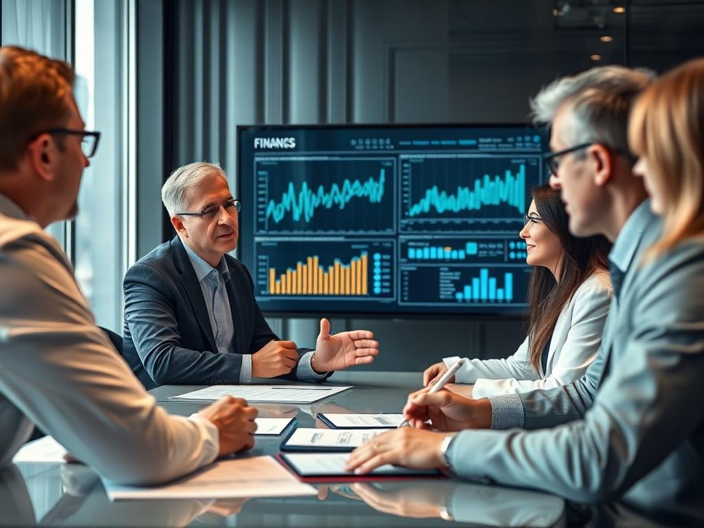 A close-up shot of a senior consultant leading a strategy meeting with multiple healthcare executives. They are discussing financial strategies with digital graphs on a screen. The background should reflect a high-end corporate environment, emphasizing sophistication and expertise.