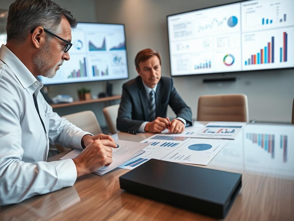 A close-up shot of a consultant analyzing data with a healthcare executive, surrounded by charts and graphs on a conference table. The setting should be a modern meeting room with a large screen displaying insights, conveying a sense of professionalism and strategic planning.