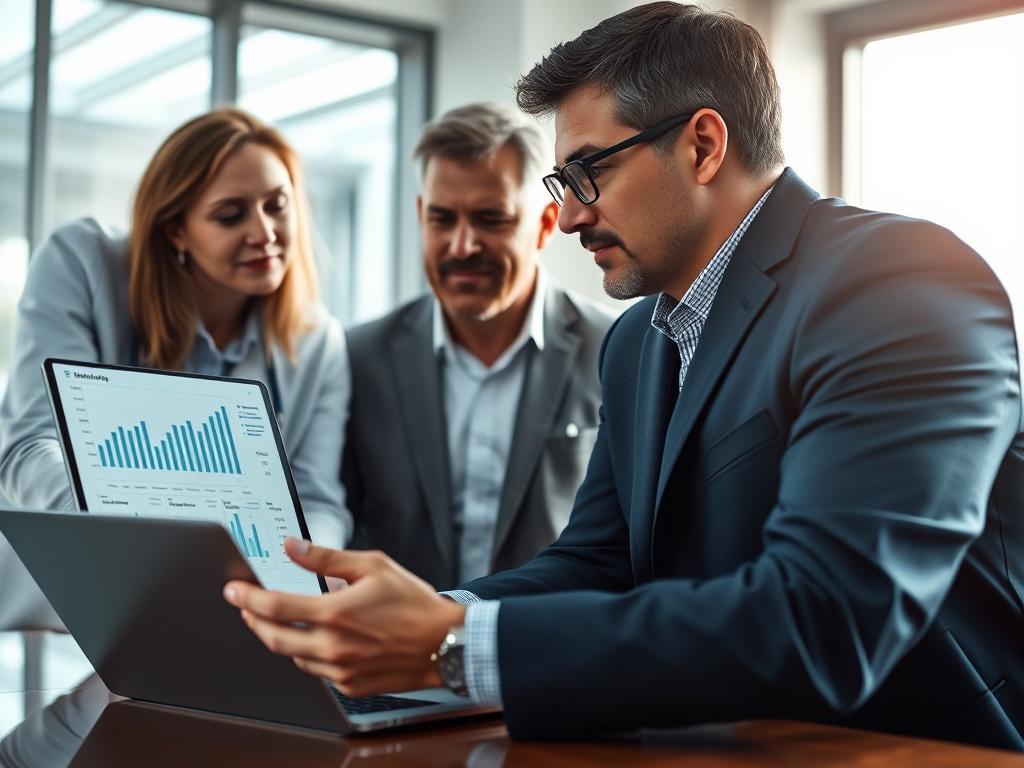 A close-up shot of a professional consultant engaging with a healthcare team, with a financial model on a laptop screen. The background should be a modern office setting, with natural light illuminating the scene. The consultant is presenting data, and the team looks engaged and focused, creating an atmosphere of collaboration and innovation.