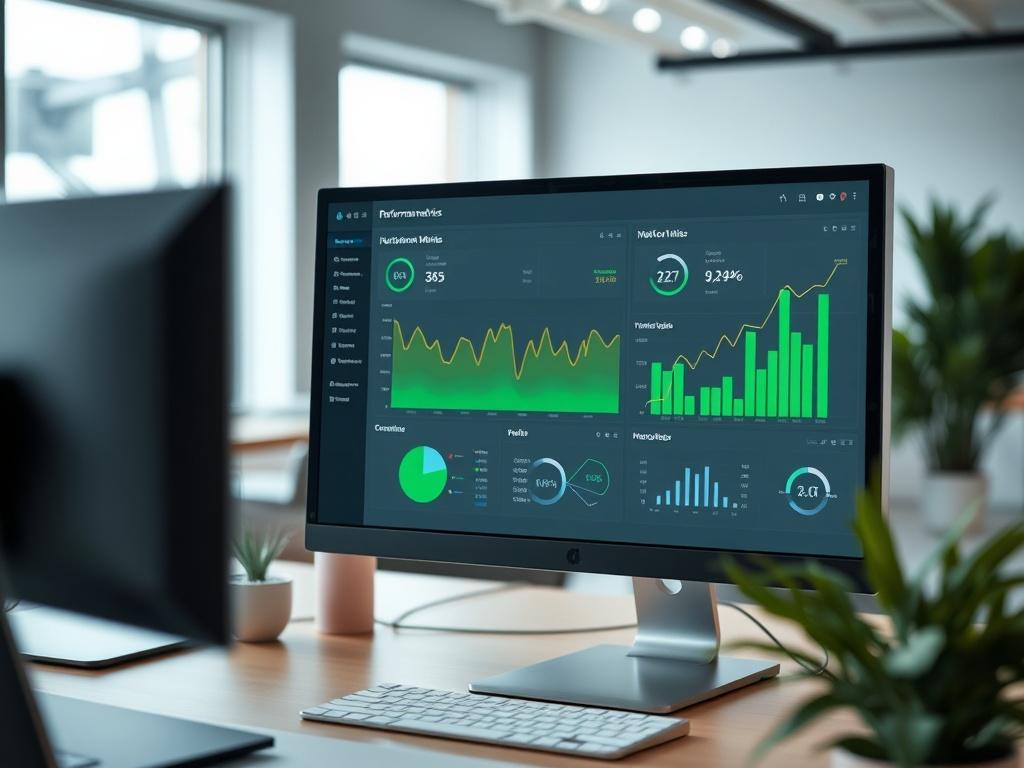 A high-resolution close-up shot of a modern dashboard displaying vendor performance metrics, with graphs and charts on a sleek computer screen. The background is a well-lit office environment, showcasing a professional setting with neutral colors and a touch of green, emphasizing data analysis.
