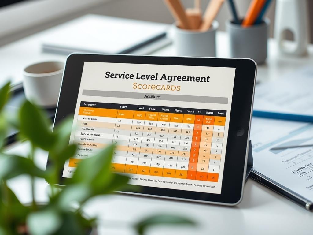 An engaging close-up shot of a service level agreement scorecard on a tablet, set on a desk. The scorecard displays metrics and performance indicators, surrounded by office supplies and a green plant, illustrating a commitment to excellence in vendor management.