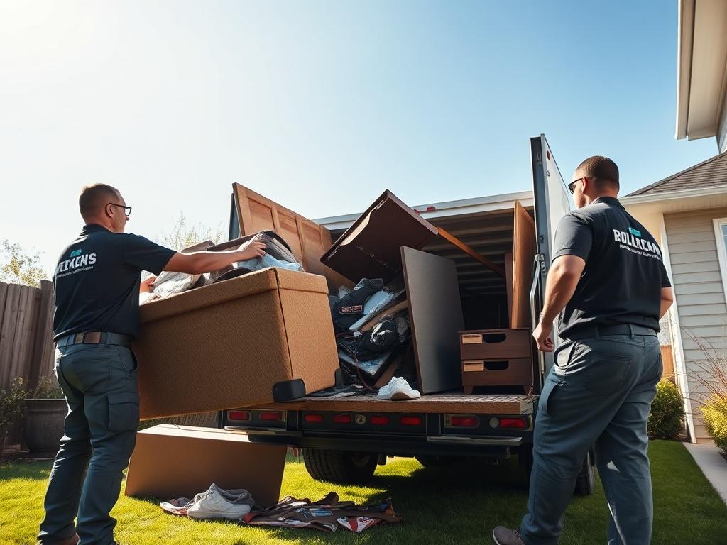 A realistic high-resolution photo of a professional junk removal team in action, removing clutter from a residential backyard. The team, wearing branded uniforms, is carefully loading old furniture and debris into a truck. The background features a lush green lawn under a clear blue sky, emphasizing cleanliness and efficiency. The image should be captured with a 45mm f/1.2 lens style, focusing on the teamwork and professionalism of the crew.