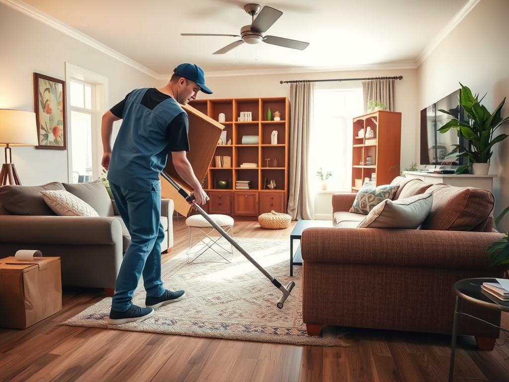 A realistic high-resolution photo of a cleanout process in a home, showing a team member removing old furniture from a living room. The atmosphere is bright and organized, highlighting the transformation of the space.
