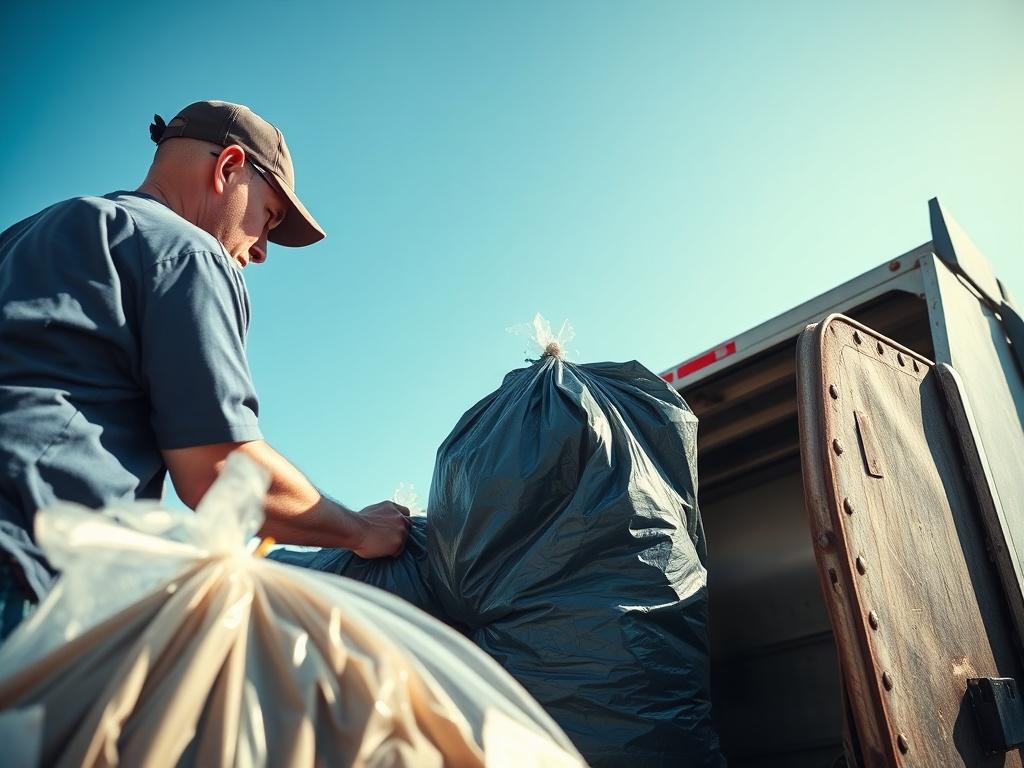 A realistic high-resolution photo of a junk removal professional loading trash bags into a truck. The setting is outdoors, with a clear blue sky in the background. The focus is on the professional in action, showcasing the effort and dedication involved in trash collection.