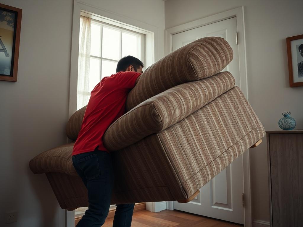 A realistic high-resolution photo of a team member lifting an old sofa out of a house. The focus is on the sofa being removed, emphasizing the effort involved in old furniture removal.