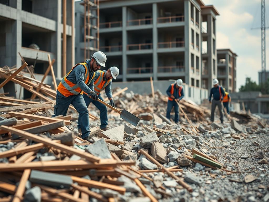 A construction site being cleared of debris, with workers actively