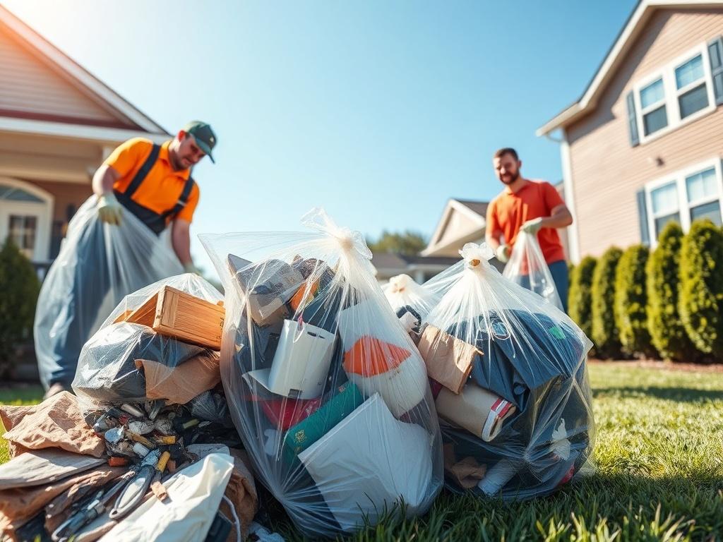 A professional junk removal team clearing trash from a residential