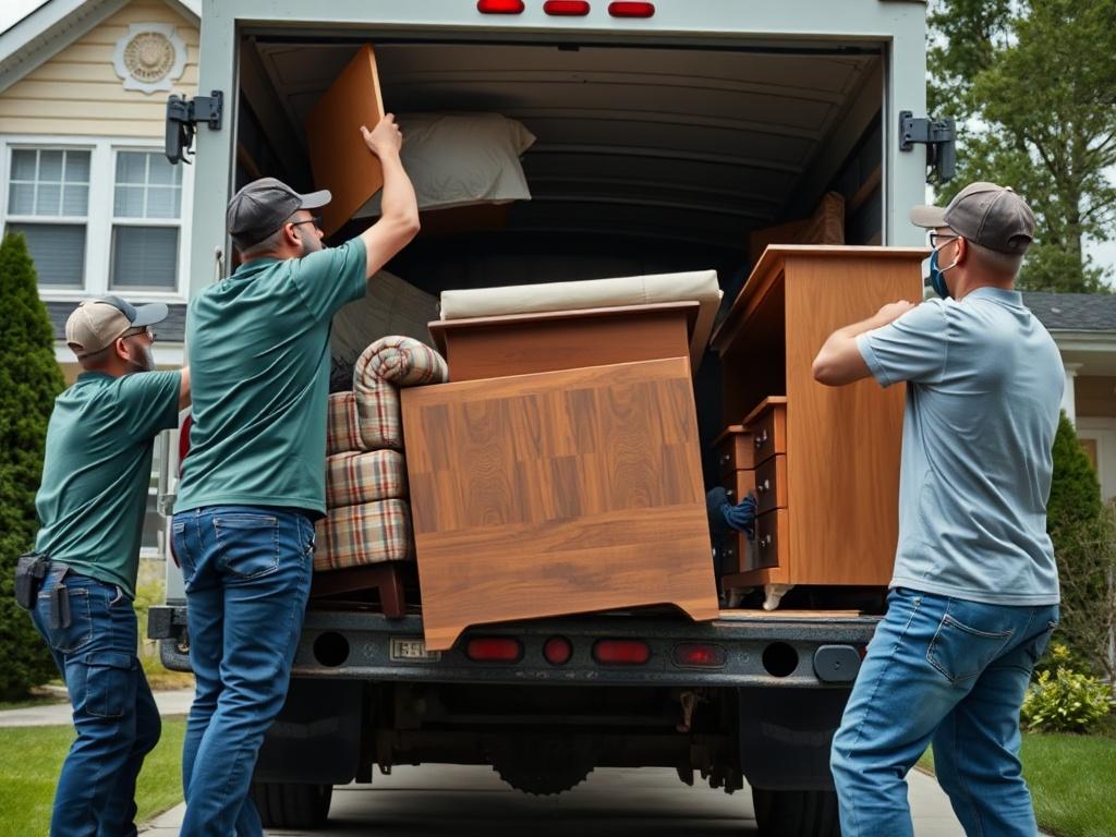 A team of junk removal specialists lifting and loading old