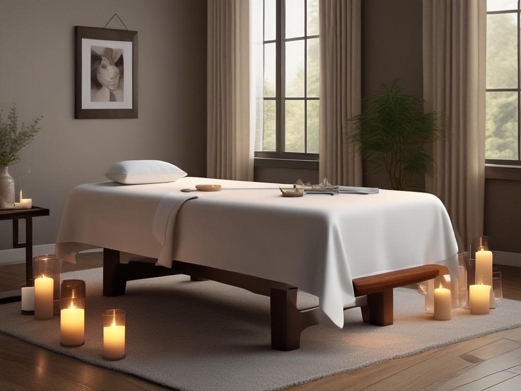 A serene setting featuring a beautifully arranged massage table with