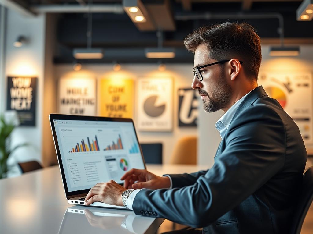 A professional digital marketing consultant engaged in a virtual meeting, showcasing a laptop with graphs and digital marketing tools on the screen. The background should be a modern office setting with a soft-focus on a sleek desk and motivational posters. The lighting should be bright and inviting, emphasizing the consultant's focused expression and the laptop's vibrant screen. Shot with a 45mm f/1.2 lens for a clear foreground and a softly blurred background.