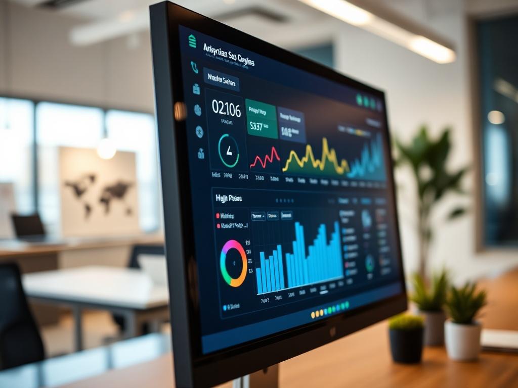 A close-up shot of a modern computer screen displaying a colorful SEO dashboard with graphs and analytics. The background should be a minimalistic office setting, with warm lighting to create a professional atmosphere.