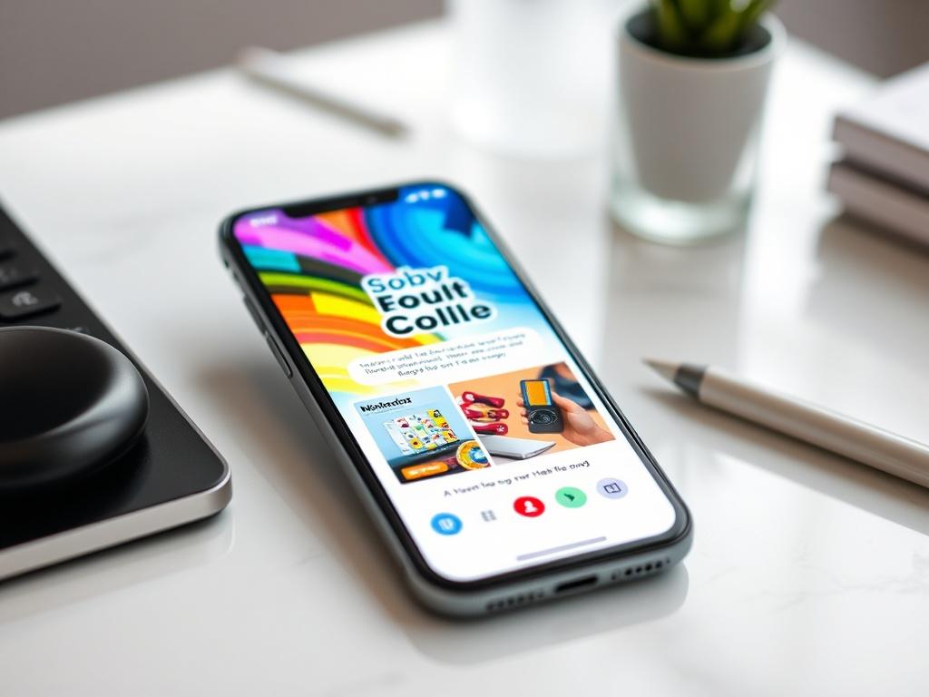 A close-up shot of a smartphone displaying a vibrant digital ad campaign on the screen. The background should be a clean and modern workspace, emphasizing the phone as the focal point.