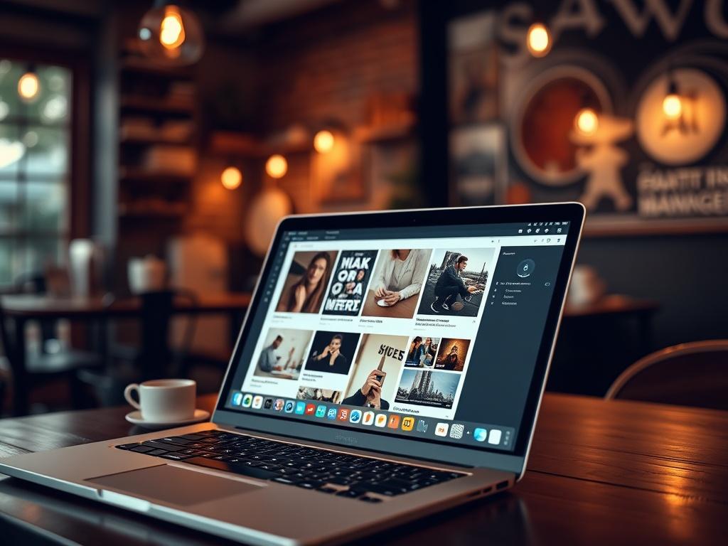 A close-up shot of a laptop displaying a content management interface, filled with various content pieces. The background should showcase a cozy coffee shop environment to evoke creativity and productivity.
