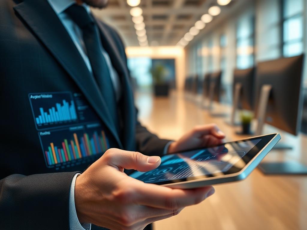 A close-up shot of a business professional using automation software on a tablet, with graphs and performance metrics displayed. The background should be a sleek office environment that represents modern business efficiency.
