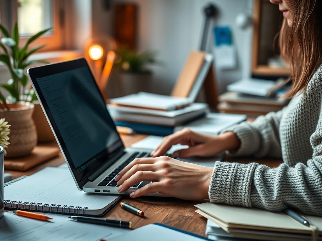 A close-up shot of a content writer typing on a laptop, surrounded by notebooks and brainstorming materials. The background should be a cozy, well-lit workspace that conveys creativity.