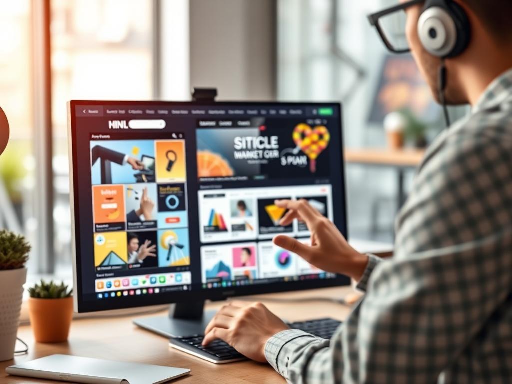 A close-up shot of a digital marketing expert designing an online advertisement on a computer, with colorful ad templates displayed on the screen. The background should reflect a modern marketing environment, focusing on creativity.