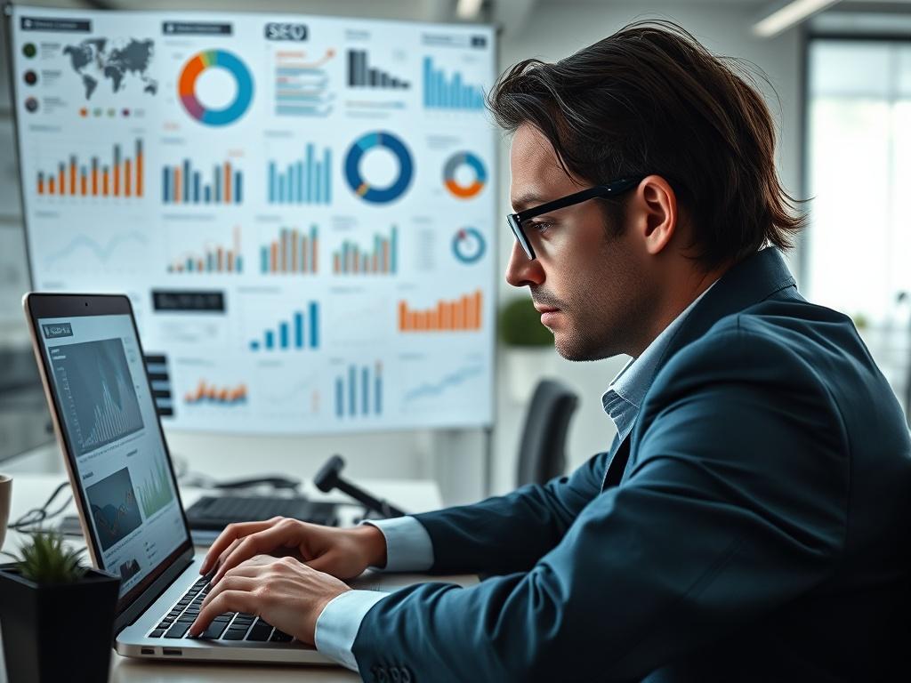 A close-up shot of a professional analyzing website data on a laptop, surrounded by SEO-related charts and graphs. The background should be a modern office workspace with a clean aesthetic, emphasizing focus on the subject.