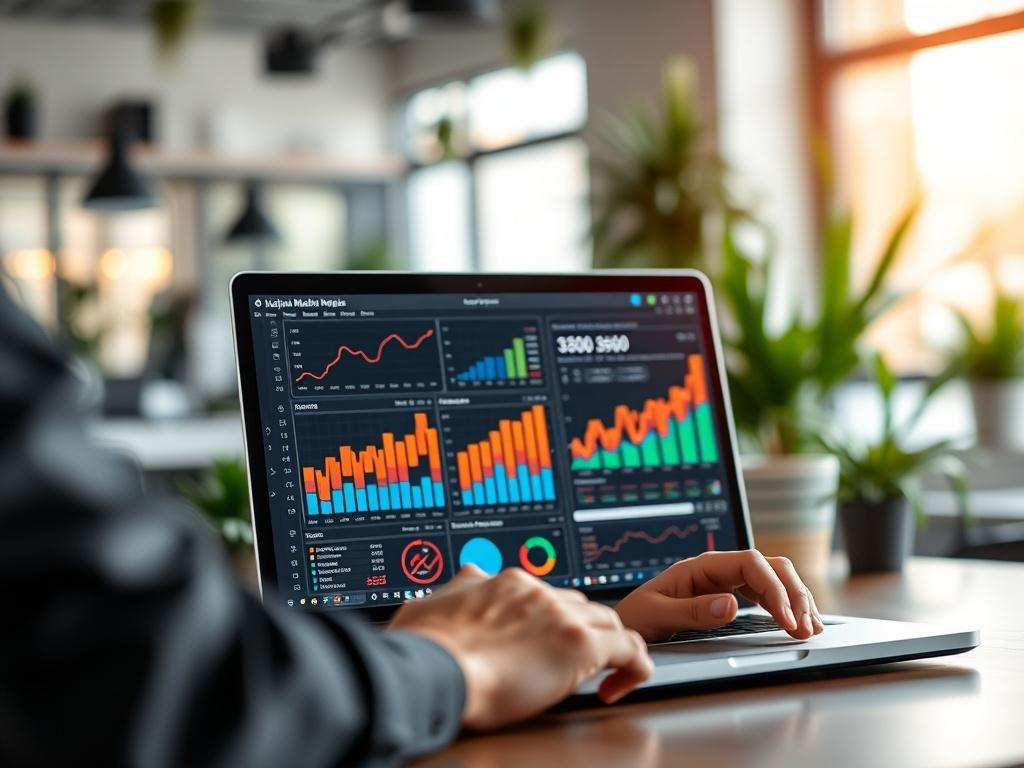 A close-up shot of a digital marketing expert analyzing SEO metrics on a laptop screen. The background features a blurred office environment with plants, creating an atmosphere of productivity and technology. The focus is on the laptop screen displaying colorful graphs and analytics. The lighting is bright, enhancing the clarity of the details in the image.