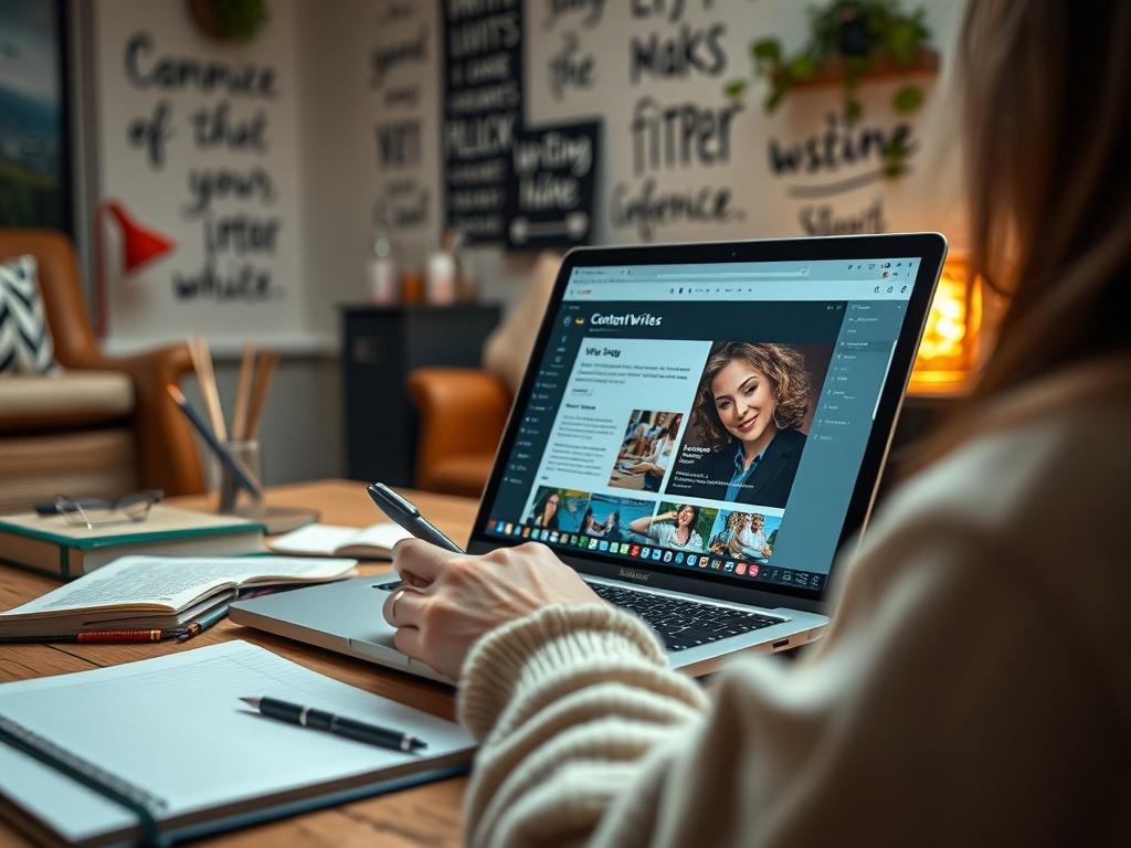 A close-up shot of a content writer working on a laptop, surrounded by notebooks and creative materials. The background features a cozy, well-lit writing space with inspirational quotes on the wall. The laptop screen displays a writing interface with colorful visuals. The atmosphere is warm and inviting, emphasizing creativity.