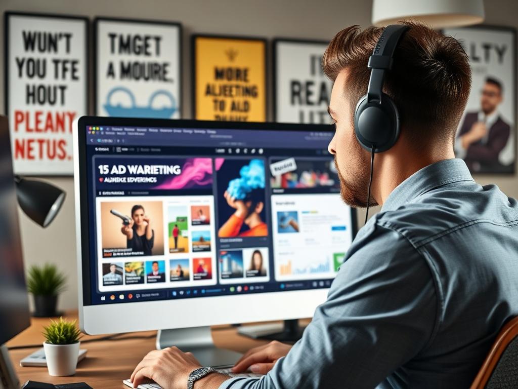 A close-up image of a digital marketing professional developing a targeted advertising campaign on a computer screen. The background features a modern office setup with motivational posters. The screen shows vibrant ad designs and audience metrics. Soft natural lighting illuminates the scene, emphasizing the focus on the screen.