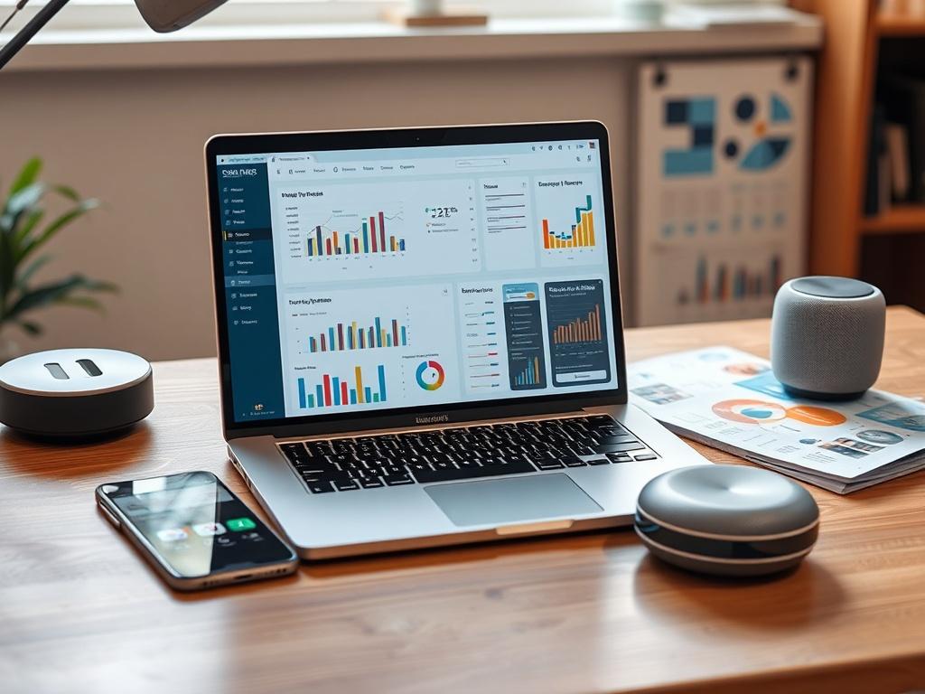 Create a highly detailed and realistic high-resolution photo that visually represents the blog titled "Unlocking the Power of AI in Digital Marketing." 

**Composition:** Center the image around a single subject, a modern laptop, placed on a sleek wooden desk. Ensure the laptop screen displays an analytical dashboard filled with colorful graphs and digital metrics, symbolizing the impact of AI tools on digital marketing strategies. The laptop should be shot as if viewed at a comfortable angle, inviting the 