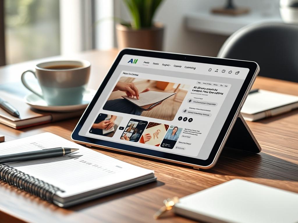 A high-resolution image of a sleek tablet showcasing an AI-driven content creation interface. The tablet is positioned on a stylish desk surrounded by notebooks and a coffee cup, with soft natural light illuminating the scene, highlighting the modern workspace.