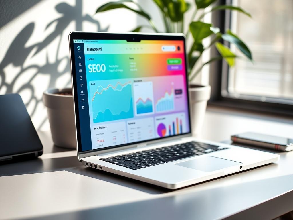 A close-up shot of a modern laptop displaying a vibrant SEO dashboard on its screen. The laptop sits on a sleek desk with a potted plant in the background, casting soft shadows. The scene is well-lit and captures the essence of digital marketing with a focus on analytics and data.