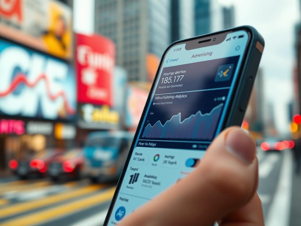 A striking image of a smartphone displaying an intuitive advertising analytics app interface. The phone is set against a vibrant urban backdrop, emphasizing the digital marketing landscape. The scene captures a sense of motion and innovation in advertising.